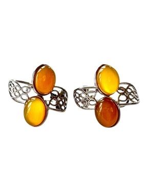 Faux Amber Cabochons in a Silver Tone Filigree Setting with Pierced Omega Clips